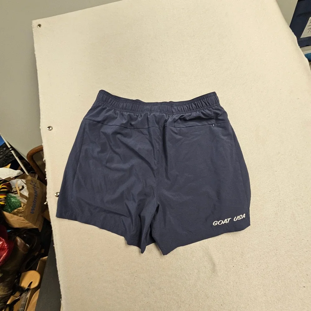 Goat USA Mens Athletic Shorts Navy Blue American Flag Patriotic Logo Large 5in